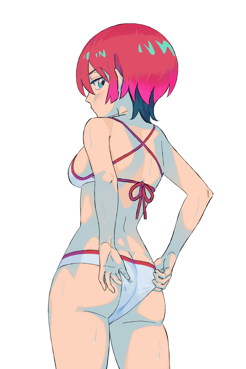 1girl adjusting_clothes adjusting_swimsuit amate_yuzuriha aqua_eyes ass bikini breasts commentary criss-cross_halter daoshitaka from_behind gundam gundam_gquuuuuux halterneck highres looking_at_viewer looking_back red_hair short_hair simple_background solo standing swimsuit white_background white_bikini