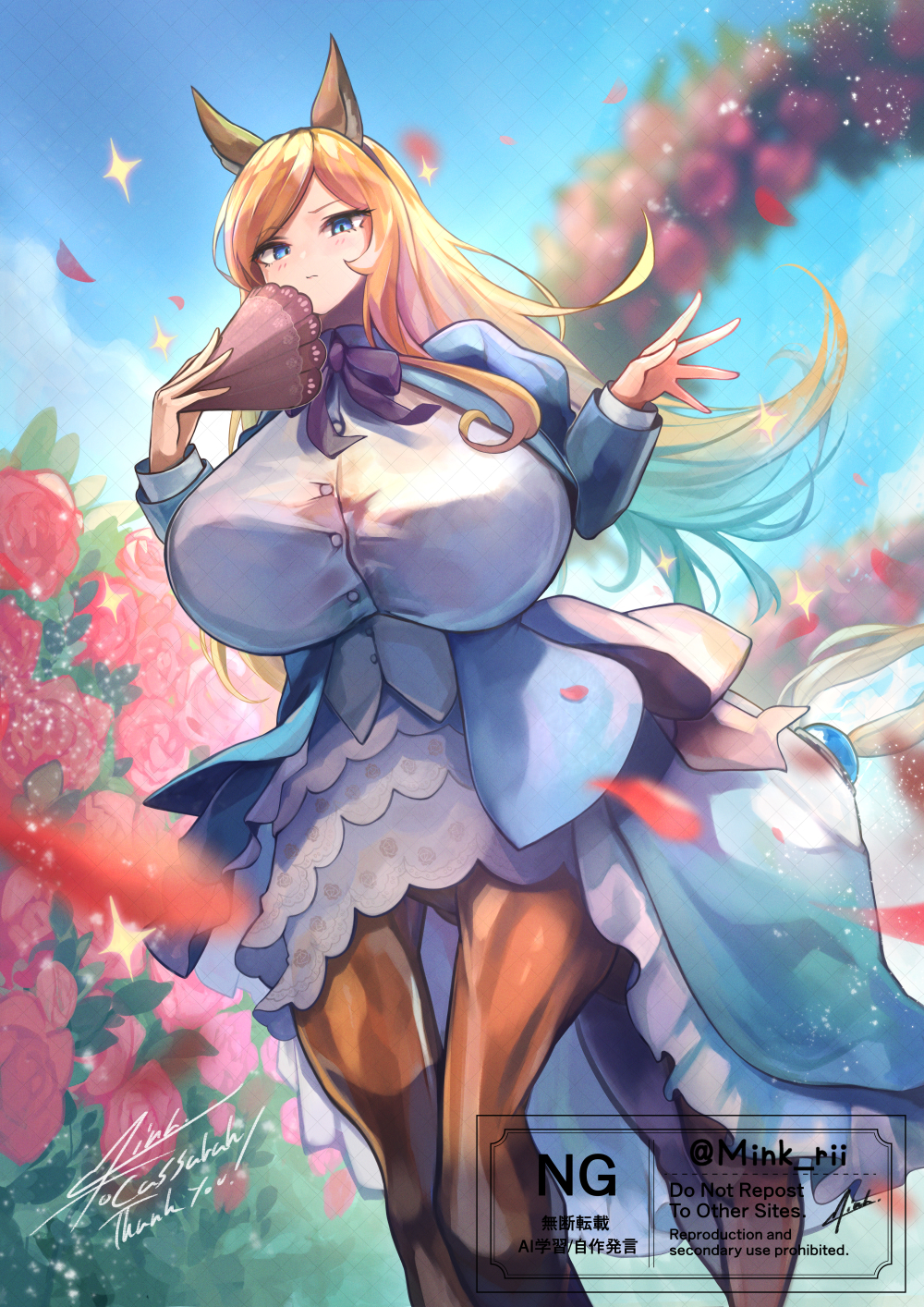 1girl animal_ears blonde_hair blue_dress blue_eyes blue_sky borrowed_character breasts centaur closed_mouth cloud commentary_request commission day dress estelle_bellegarde_(cassarah) falling_petals field flower flower_field folding_fan frilled_dress frills hand_fan highres holding holding_fan horse_ears horse_tail huge_breasts long_dress long_hair long_sleeves looking_at_viewer minksama monster_girl multiple_legs original outdoors parted_bangs petals puffy_long_sleeves puffy_sleeves red_flower red_rose rose shirt sidelocks signature skeb_commission sky solo sparkle standing standing_on_three_legs tail taur watermark white_shirt yellow_tail