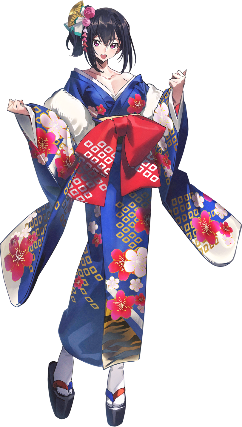 1girl black_hair blue_kimono code_geass code_geass:_boukoku_no_akito code_geass:_genesic_re;code floral_print floral_print_kimono full_body highres japanese_clothes kimono kousaka_ayano obi official_art open_mouth print_kimono purple_eyes sash short_hair simple_background smile solo transparent_background