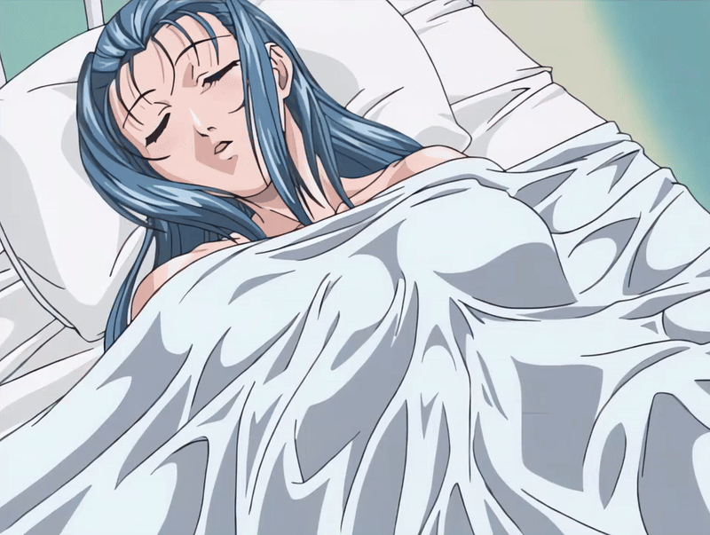 00s 1girl 2002 animated animated_gif aqua_hair bed bed_sheet bible_black bible_black_gaiden blue_hair breasts closed_eyes hospital_bed large_breasts long_hair mochida_junko school sleeping solo tagme