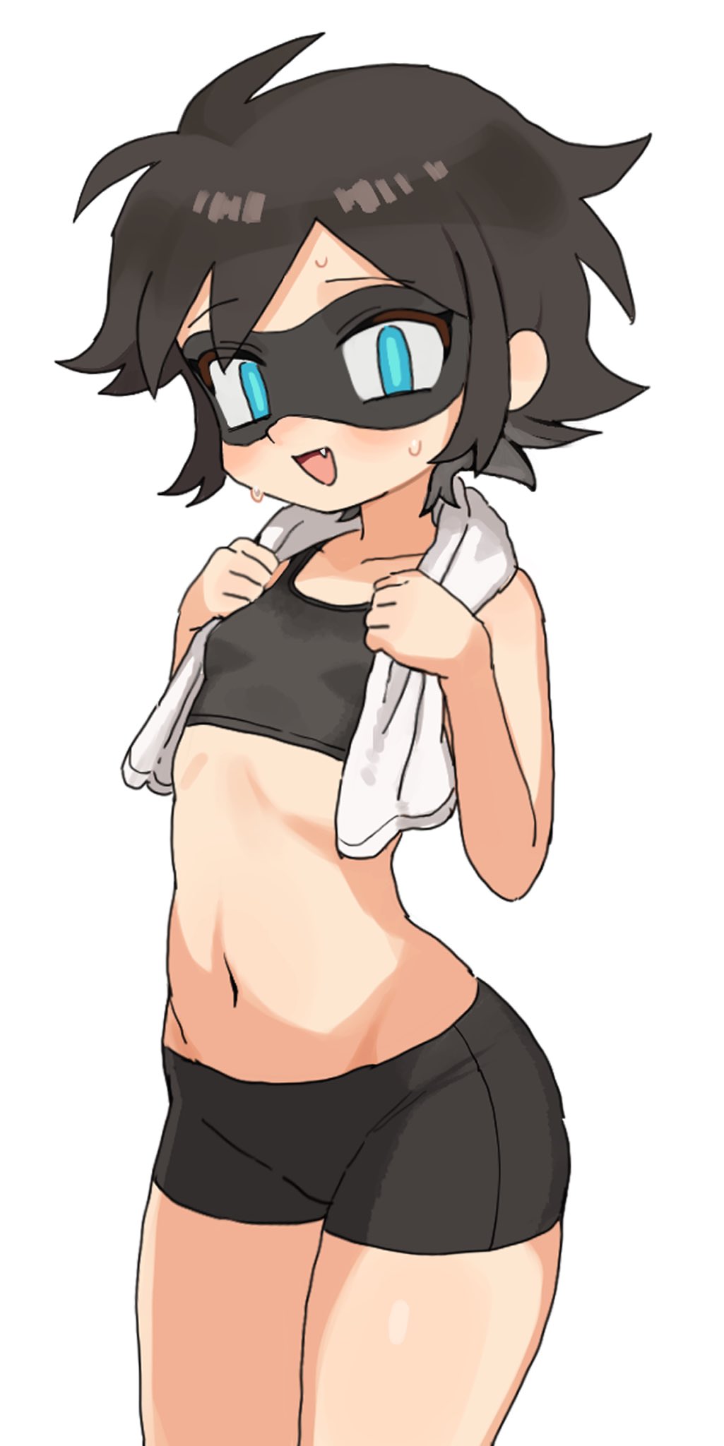 1girl :d batrobin_k bike_shorts black_hair black_shorts black_sports_bra blue_eyes blush breasts collarbone cowboy_shot fang groin highres loli looking_at_viewer mask midriff navel open_mouth original robin_(batrobin_k) short_hair shorts simple_background small_breasts smile solo sports_bra standing sweat towel towel_around_neck white_background