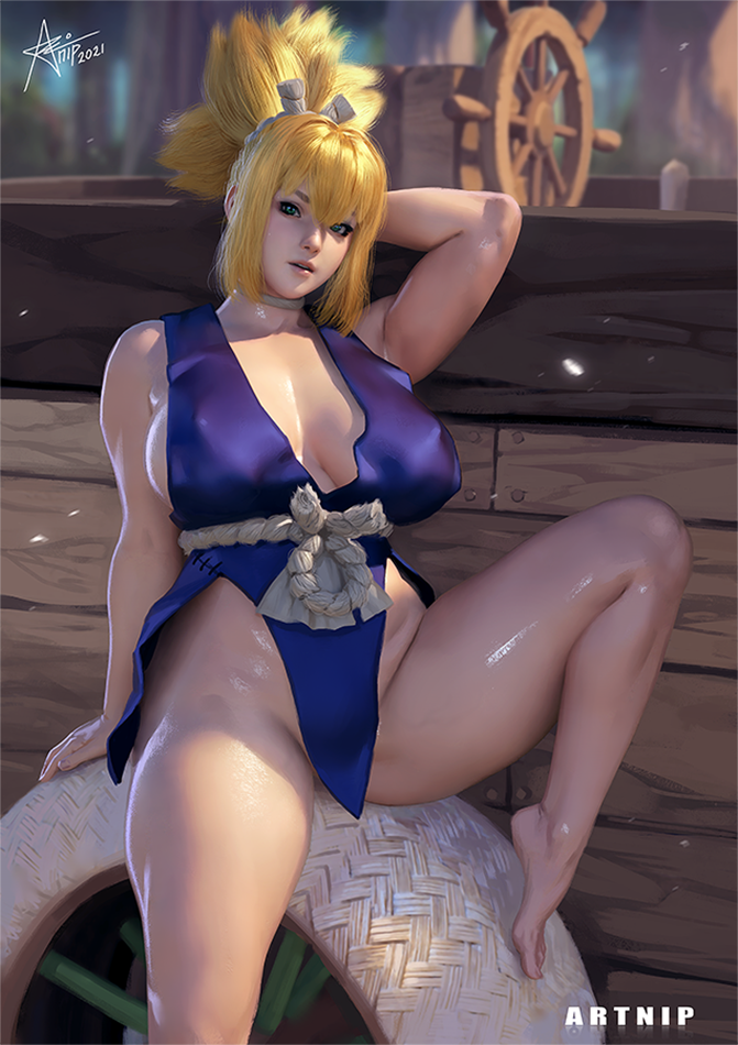 1girl arms_up artist_name artnip bare_legs barefoot blonde_hair blue_dress breasts choker cleavage collarbone dr._stone dress feet female_focus green_eyes hair_ornament highleg kohaku_(dr._stone) large_breasts legs looking_at_viewer no_panties open_mouth outdoors sideboob sidelocks sitting sleeveless solo wheel