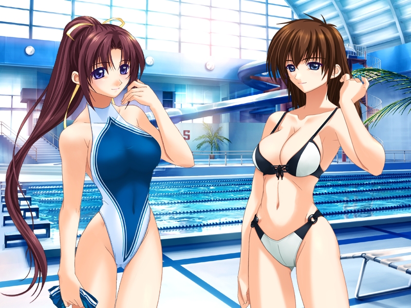 00s 2girls adjusting_hair aneimo bikini blue_eyes breasts brown_hair chair cleavage competition_swimsuit cowboy_shot game_cg highleg highleg_swimsuit hirasawa_kazumi indoors kirishima_mizuki lane_line large_breasts long_hair lounge_chair multiple_girls non-web_source one-piece_swimsuit ponytail pool pool_ladder poolside purple_hair railing shinonome_kazuhiko stairs standing sunlight swimsuit thigh_gap very_long_hair water water_slide window