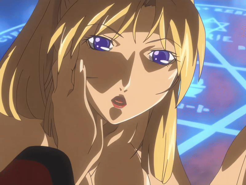 00s 1girl 2007 animated animated_gif anime_screenshot back bible_black bible_black_new_testament blonde_hair breasts earrings hand_on_another's_cheek hand_on_another's_face high_ponytail jewelry large_breasts lipstick magic_circle makeup ponytail purple_eyes ritual saeki_kaori shin_bible_black smile sweat tagme