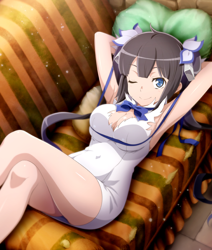 1girl ;) armpits arms_behind_head bare_legs black_hair blue_bow blue_bowtie blue_eyes blue_ribbon blunt_ends bow bowtie breasts cleavage cleavage_cutout closed_mouth clothing_cutout couch crossed_legs double-parted_bangs dress dungeon_ni_deai_wo_motomeru_no_wa_machigatteiru_darou_ka feet_out_of_frame from_above game_cg hair_ornament hestia_(danmachi) large_breasts long_hair looking_at_viewer lying official_art on_back one_eye_closed pillow rei_no_himo ribbon skindentation sleeveless sleeveless_dress smile solo stone_floor third-party_source toji_no_miko toji_no_miko:_kizamishi_issen_no_tomoshibi twintails very_long_hair white_dress