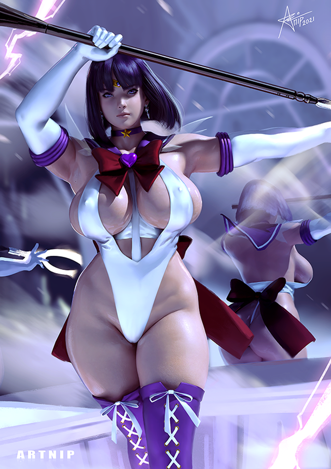 1girl adapted_costume aged_up alternate_breast_size_(larger) alternate_costume artnip bishoujo_senshi_sailor_moon black_hair boots breasts brooch covered_erect_nipples curvy glaive_(polearm) highleg highleg_leotard jewelry large_breasts leotard lips mirror_image paid_reward_available polearm purple_eyes purple_sailor_collar purple_thighhighs realistic sailor_collar sailor_saturn sailor_senshi shiny_skin short_hair sidelighting silence_glaive solo standing star_brooch thick_thighs thigh_boots thighhighs thighs tomoe_hotaru weapon white_leotard
