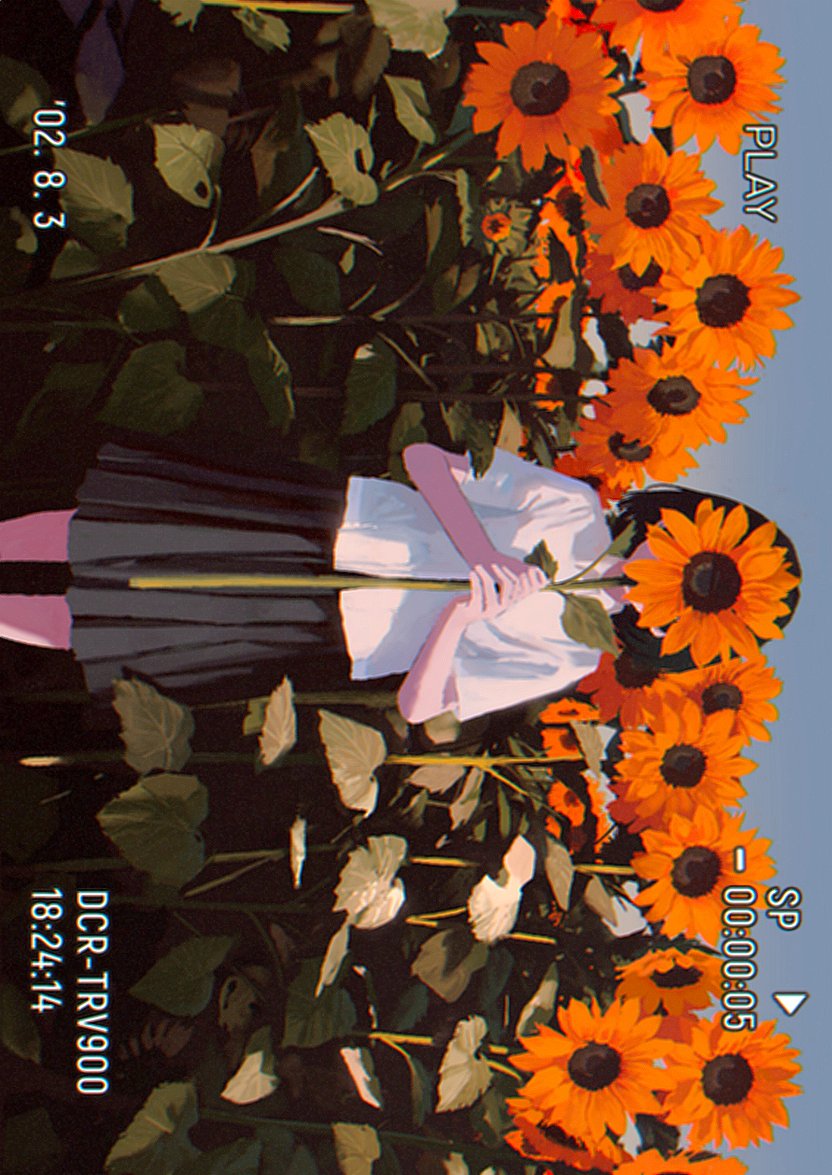 1girl black_skirt collared_shirt covering_face cowboy_shot dated field flower flower_field holding holding_flower original pleated_skirt shirt short_hair sideways skirt sunflower sunflower_field timestamp utwob0 viewfinder white_shirt