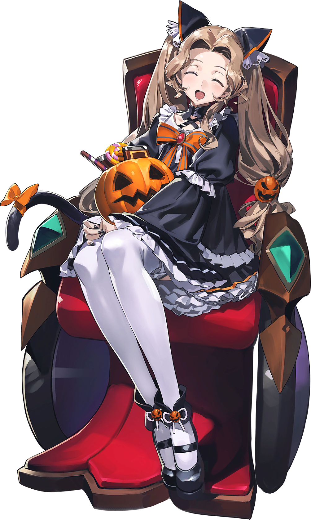 ^_^ black_dress brown_hair candy closed_eyes code_geass code_geass:_genesic_re;code dress food halloween halloween_costume happy highres long_hair nunnally_vi_britannia official_art open_mouth simple_background smile tail thighhighs transparent_background wheelchair white_thighhighs