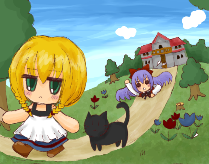 1boy 2girls :< :3 arm_up bare_arms black_cat blonde_hair blue_flower blue_sky blush boots bow braid brown_boots cat chibi chibi_only cloud commentary_request crawling day dress ellen_(majo_no_ie) father_and_daughter flower flying_sweatdrops grass green_eyes hair_bow holding_hands hollow_eyes house humi_(imifummy) jitome letter long_hair long_sleeves majo_no_ie multiple_girls official_artist_extra out_of_frame outdoors path purple_hair red_bow red_dress red_flower road shirt sky sleeveless sleeveless_dress tree tree_stump triangle_mouth twin_braids viola's_father_(majo_no_ie) viola_(majo_no_ie) white_dress white_shirt