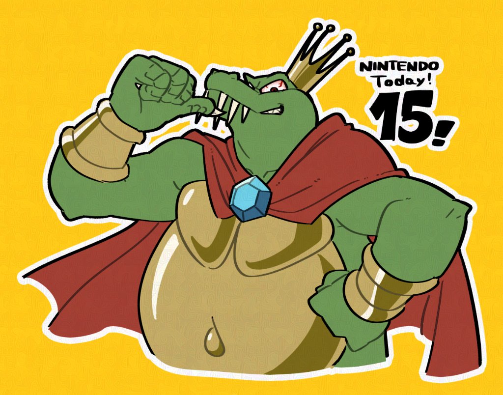 ! 1boy artist_request biceps bloodshot_eyes cape claws colored_skin crocodile_boy crocodilian crown donkey_kong_(series) donkey_kong_country english_text evil_grin evil_smile fangs fat furry furry_male green_skin grin hand_on_own_hip king_k._rool looking_at_viewer muscular nintendo pectorals pointing pointing_at_self red_cape runapiero sharp_teeth simple_background smile smug teeth yellow_background