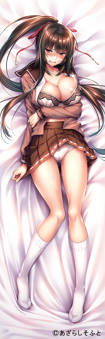 1girl amakano_2 arm_at_side arm_under_breasts bed_sheet blush bra breasts brown_hair brown_shirt brown_skirt clenched_teeth copyright_notice dakimakura_(medium) embarrassed hair_between_eyes high_ponytail highres kurohime_yuuhi large_breasts long_sidelocks long_sleeves looking_at_viewer lying nipples official_art on_back open_clothes open_shirt panties piromizu pleated_skirt ponytail pussy_juice red_eyes school_uniform serafuku shirt short_hair sidelocks skirt socks solo teeth thighs underwear very_long_sidelocks very_short_hair white_bra white_panties white_socks