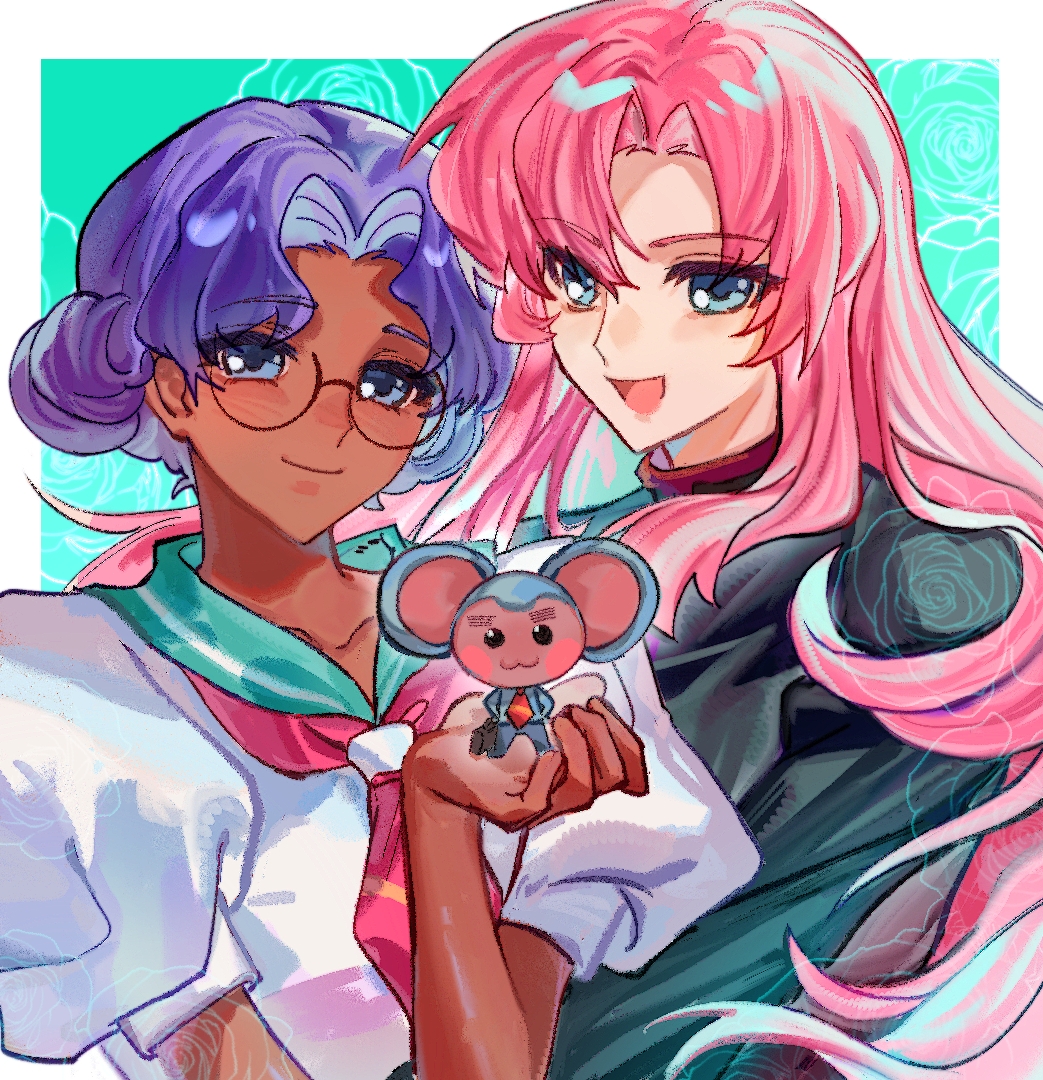 2girls animal black_jacket blue_eyes chu_chu_(shoujo_kakumei_utena) closed_mouth commentary dark-skinned_female dark_skin glasses himemiya_anthy holding holding_animal jacket long_hair meimeitou_tufei mouse_(animal) multiple_girls neckerchief ootori_gakuen_school_uniform open_mouth pink_hair puffy_short_sleeves puffy_sleeves purple_hair red_neckerchief school_uniform shirt short_sleeves shoujo_kakumei_utena smile tenjou_utena white_shirt