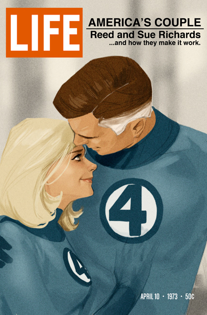 1boy 1girl blonde_hair blue_bodysuit blue_eyes bodysuit brown_hair caption cover dated english_text fantastic_four forehead-to-forehead gloves heads_together husband_and_wife looking_at_another magazine_cover marvel multicolored_bodysuit multicolored_hair number_print partially_invisible phil_noto price_tag reed_richards smile sue_storm superhero_costume touching_forehead two-tone_bodysuit two-tone_hair upper_body white_bodysuit white_hair