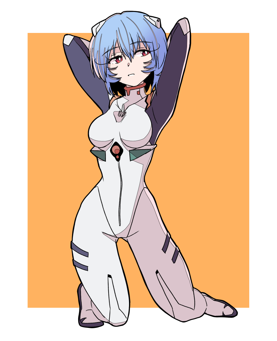 1girl arms_up ayanami_rei bad_tag blue_hair breasts commentary_request curvy looking_to_the_side mecha_pilot_suit neon_genesis_evangelion plugsuit_(evangelion) red_eyes sashimi_(sasihmi) short_hair skinny solo wide_hips yellow_background