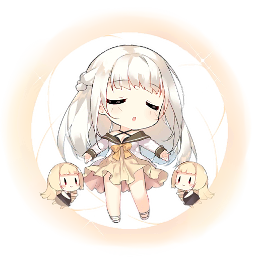 3girls blonde_hair blush blush_stickers braid brown_dress brown_sailor_collar c: chibi circle closed_eyes criss-cross_halter dress energy_barrier energy_shield fairy_(girls'_frontline) french_braid full_body girls'_frontline halterneck long_hair long_sleeves multiple_girls neck_ribbon official_art open_mouth outstretched_arms red_eyes ribbon sailor_collar saru shield_fairy_(girls'_frontline) shirt shoes simple_background skirt smile sparkle third-party_source transparent_background white_hair white_shirt white_shoes yellow_ribbon yellow_skirt |_|