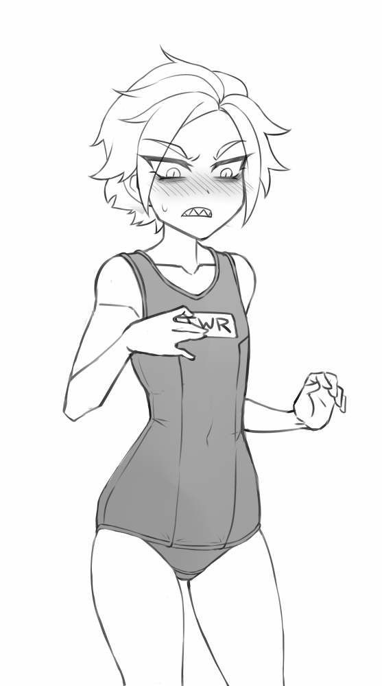 1girl artist_self-insert bare_arms bare_shoulders blush clenched_teeth collarbone commentary covered_navel cowboy_shot english_commentary eyes_visible_through_hair flat_chest frown greyscale hand_on_own_chest looking_down monochrome name_tag nose_blush original school_swimsuit sharp_teeth short_hair simple_background solo sweatdrop swimsuit teeth twrlare v-shaped_eyebrows white_background