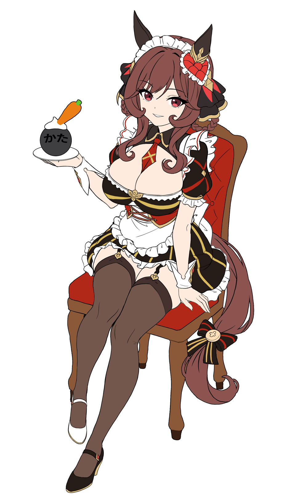 1girl animal_ears apron black_dress black_thighhighs bow braid braided_hair_rings breasts brown_hair carrot chair cleavage cleavage_cutout clothing_cutout dress ear_covers gentildonna_(umamusume) hair_between_eyes hair_ornament hair_rings heart-shaped_ornament heart_ear_ornament highres holding holding_plate horse_ears horse_girl horse_tail large_breasts long_hair looking_at_viewer maid maid_apron maid_headdress metal_ball mismatched_shoes necktie parted_lips plate red_eyes red_necktie simple_background sitting smile solo strong tail tail_bow tail_ornament thighhighs umamusume vococo waist_apron whipped_cream white_apron white_headdress white_wrist_cuffs wrist_cuffs