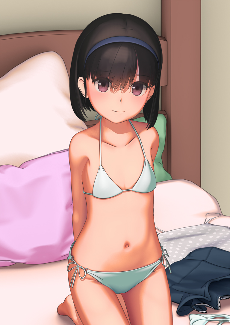 1girl 3d arms_behind_back barefoot bed bikini black_hair blender_(medium) blue_hairband bra unworn_clothes collarbone custom_udon eyes_visible_through_hair feet female_focus flat_chest hair_between_eyes hairband loli looking_at_viewer navel on_bed original panties pillow seiza short_hair side-tie_bikini_bottom sitting smile solo stomach swimsuit underwear underwear_only white_bikini