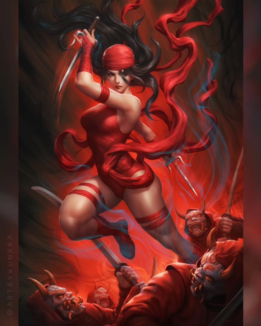 1girl 4others arm_strap bandana black_eyes black_hair boots breasts bridal_gauntlets commentary elektra elektra_natchios english_commentary fighting floating_clothes floating_hair holding holding_sword holding_weapon hood hoodie horned_mask kunkka large_breasts leotard looking_down marvel mask multiple_others oni_mask red_bandana red_boots red_bridal_gauntlets red_hoodie red_leotard red_lips red_nails red_sash red_theme sai_(weapon) sash solo_focus sword thigh_strap twitter_username waist_sash weapon