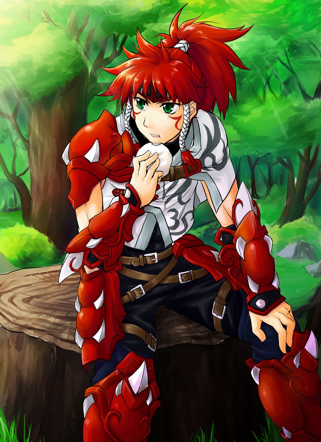 1boy aledy_naash banpresto belt eating forest gauntlets highres male_focus nature outdoors ponytail riyan solo super_robot_wars super_robot_wars_og_saga_mugen_no_frontier super_robot_wars_og_saga_mugen_no_frontier_exceed tattoo