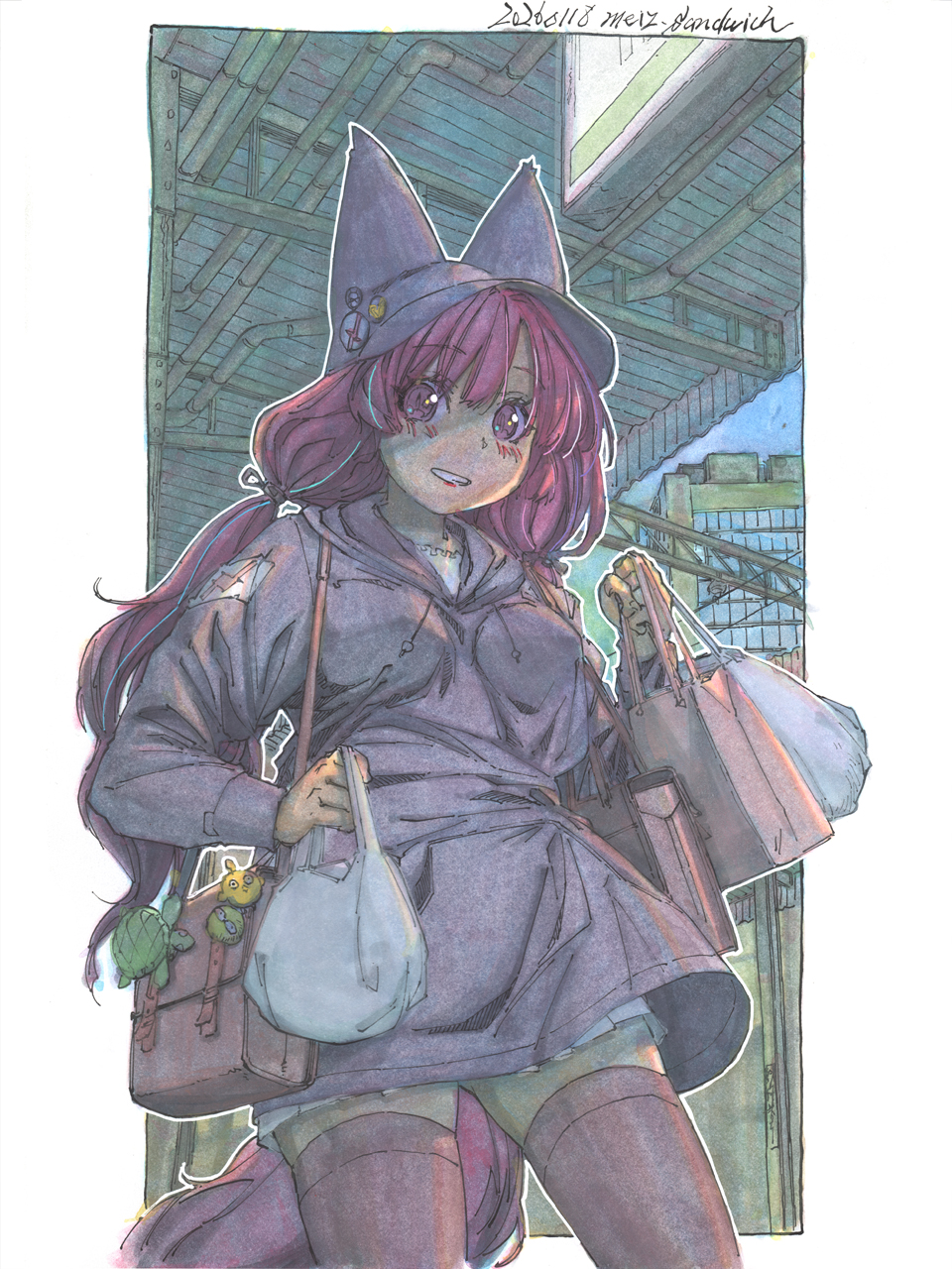 1girl animal_ear_fluff animal_ears aqua_hair bag bag_charm blush border breasts charm_(object) city commentary_request cowboy_shot dated fox_ears fox_girl fox_tail from_below gluteal_fold hat hat_with_ears highres hood hoodie long_hair looking_at_viewer making-of_available marker_(medium) medium_breasts meiz miniskirt multicolored_hair original outdoors outline painting_(medium) parted_bangs pin pink_eyes pink_hair red_lips shikishi shirt shopping_bag shoulder_bag skindentation skirt smile streaked_hair tail thighhighs traditional_media watercolor_(medium) white_border white_outline white_shirt white_skirt