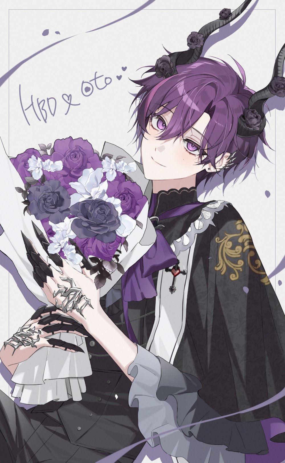 1boy black_flower black_pants bouquet bow capelet claws commentary_request earrings flower frilled_capelet frills grey_background hair_between_eyes happy_birthday highres holding holding_bouquet horns j168000 jewelry korean_commentary male_focus multicolored_hair oto_rainy pants purple_bow purple_eyes purple_flower purple_hair skoshism solo streaked_hair white_flower