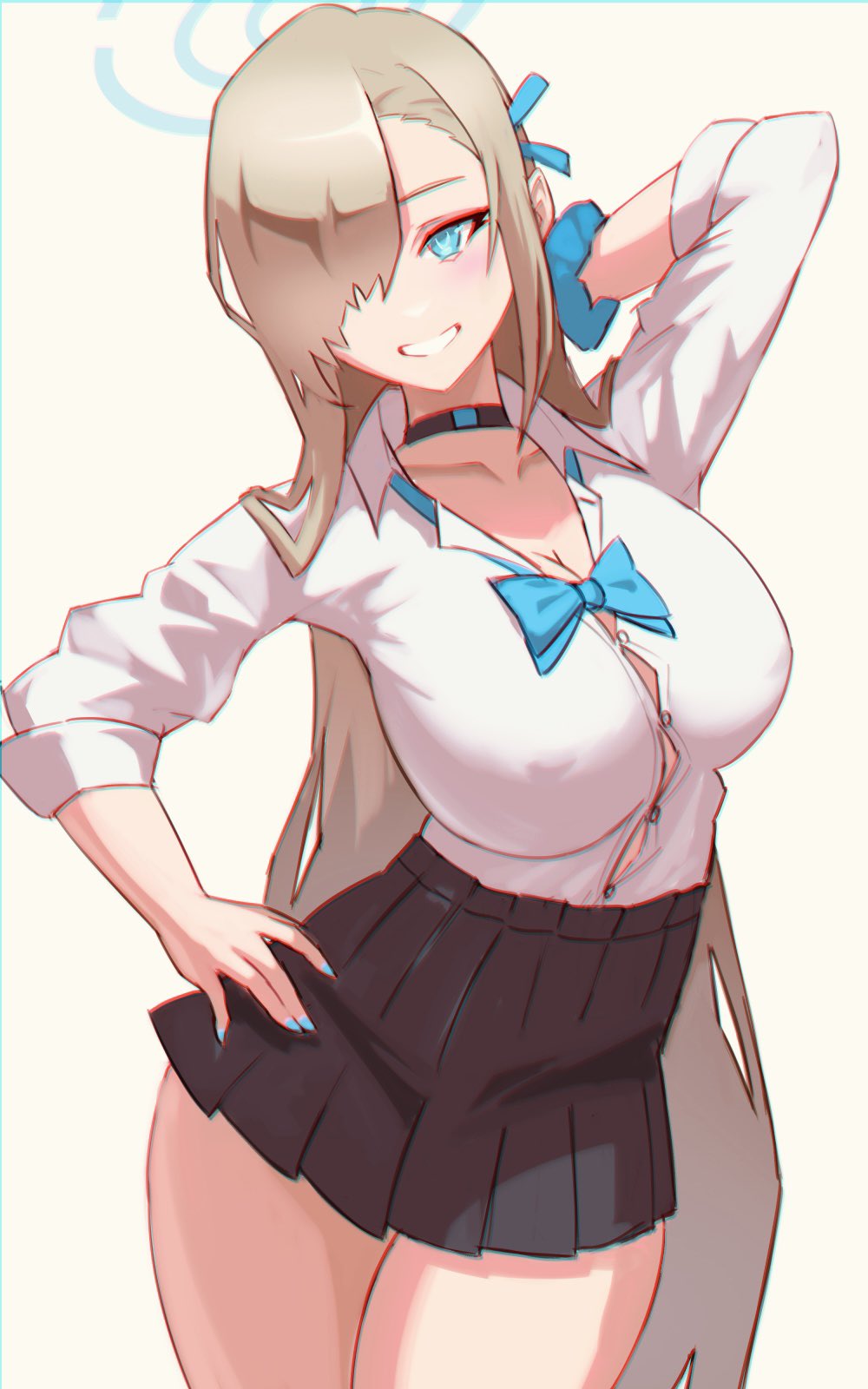 1girl asuna_(blue_archive) asuna_(school_uniform)_(blue_archive) asymmetrical_bangs black_choker blonde_hair blue_archive blue_bow blue_bowtie blue_eyes blue_halo blue_nails blue_ribbon blue_scrunchie blush bow bowtie breasts button_gap choker hair_over_one_eye hair_ribbon halo highres large_breasts long_hair looking_at_viewer loose_bowtie mole mole_on_breast pleated_skirt ribbon school_uniform scrunchie shirt skirt sleeves_rolled_up smile solo ura_dora very_long_hair white_shirt wrist_scrunchie
