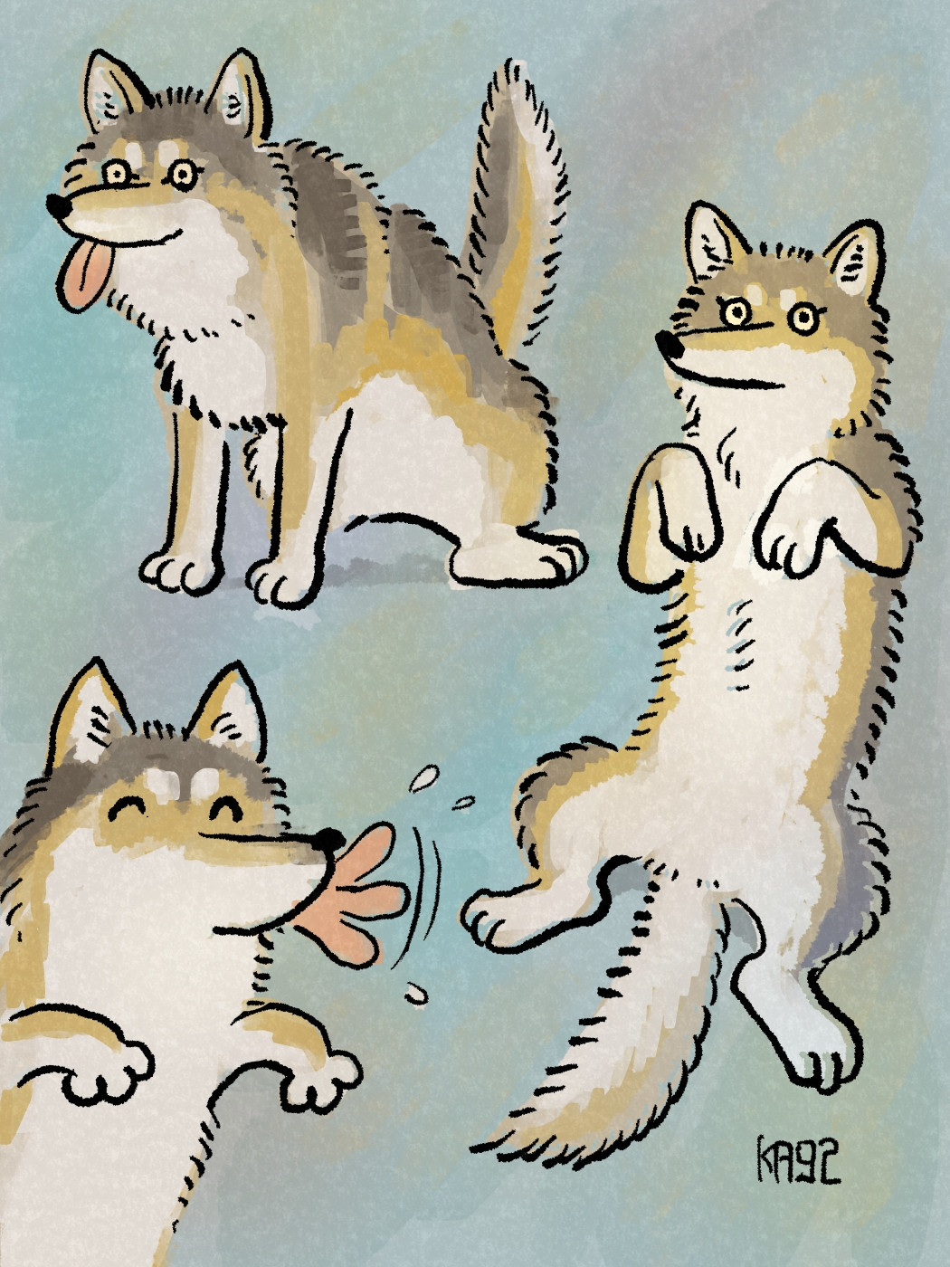 ^_^ afterimage animal_focus blowing_raspberry blue_background brown_fur closed_eyes colored_sclera commentary highres ka92 looking_at_viewer lying motion_lines no_humans on_back original paw_pose signature simple_background tongue tongue_out wolf yellow_sclera