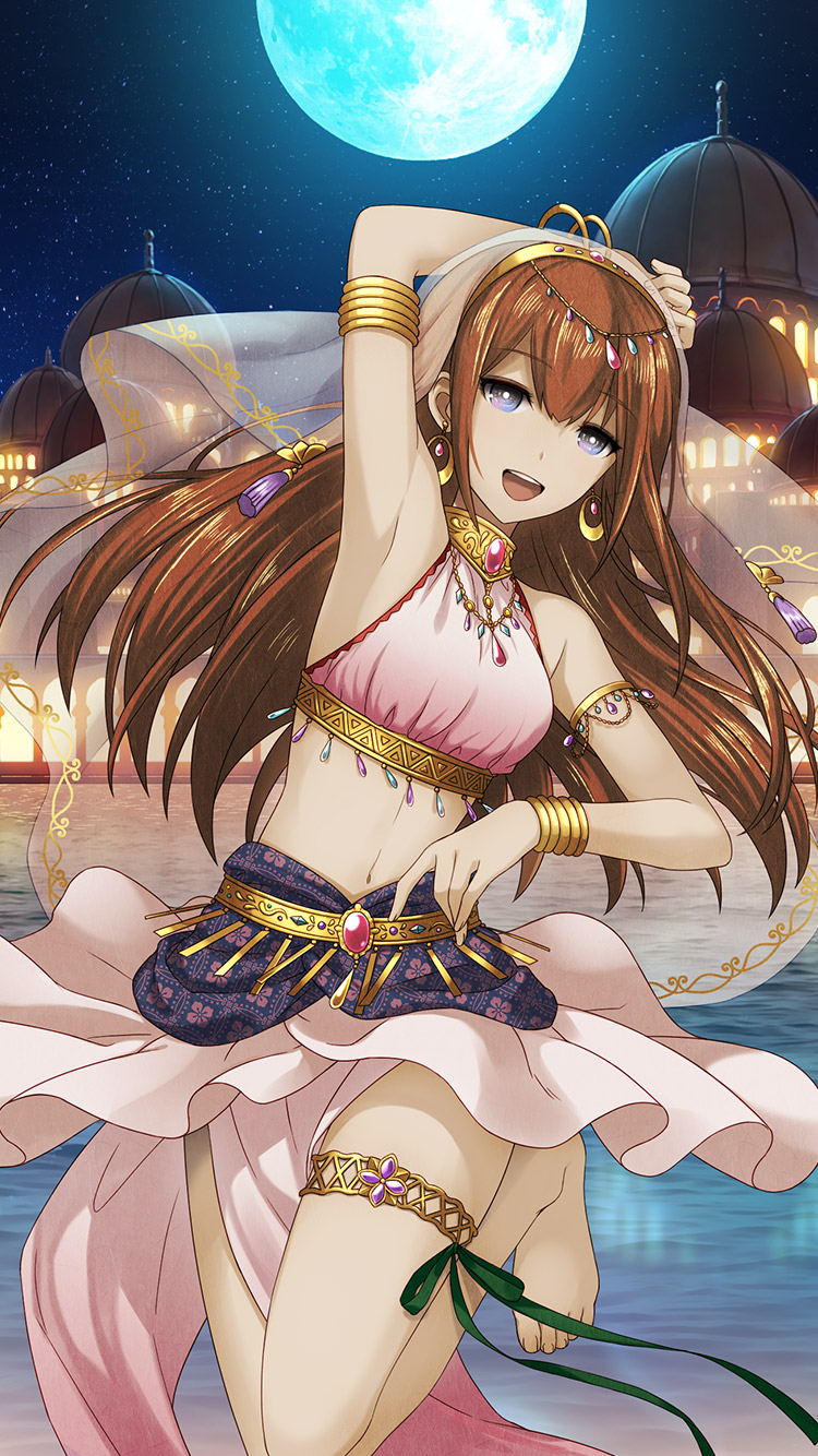 1girl :d archived_source arm_up armlet armpit_focus armpits bare_shoulders barefoot blue_eyes bracelet brown_hair cowboy_shot crop_top dancer earrings full_moon game_cg hair_between_eyes halterneck highres hoop_earrings huke jewelry long_hair looking_at_viewer makise_kurisu midriff moon navel night official_alternate_costume official_art open_mouth pelvic_curtain science_adventure sky sleeveless smile solo steins;gate straight_hair teeth thighlet third-party_source upper_teeth_only veil water