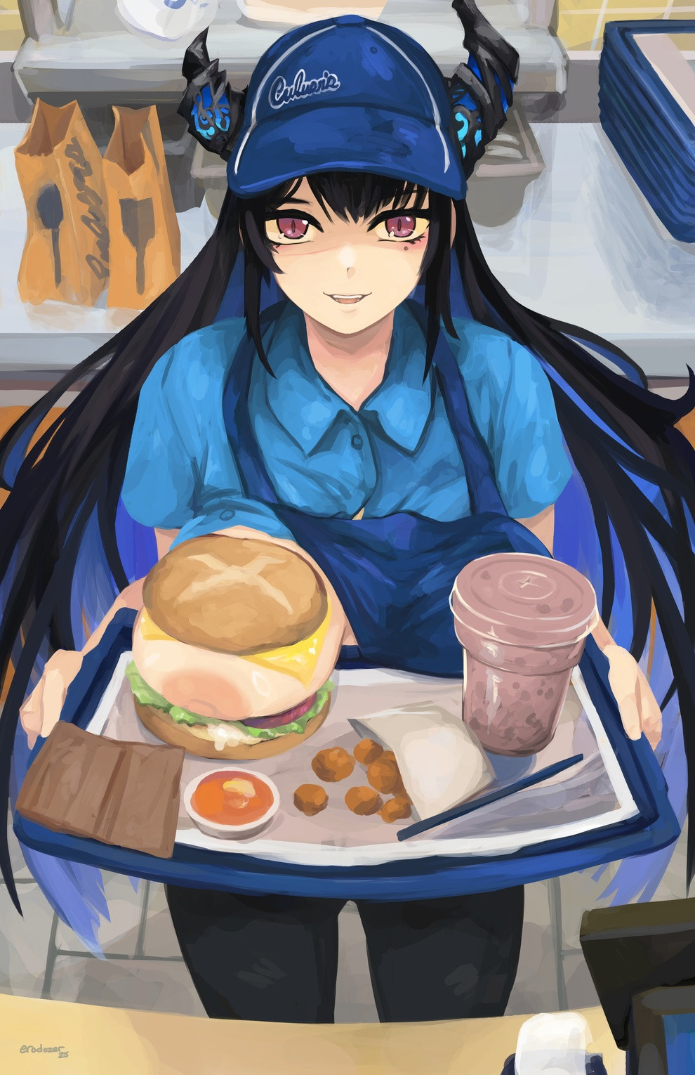 apron asymmetrical_horns baseball_cap black_hair black_pants blue_apron blue_hair blue_hat blue_shirt breast_burger breasts burger cash_register colored_inner_hair commentary culver's demon_horns employee_uniform english_commentary erodozer fast_food_uniform food food_on_body food_on_breasts hat highres holding holding_tray hololive hololive_english horns large_breasts long_hair mole mole_under_eye multicolored_hair nerissa_ravencroft nipples pants purple_eyes shirt slit_pupils tray uneven_horns virtual_youtuber