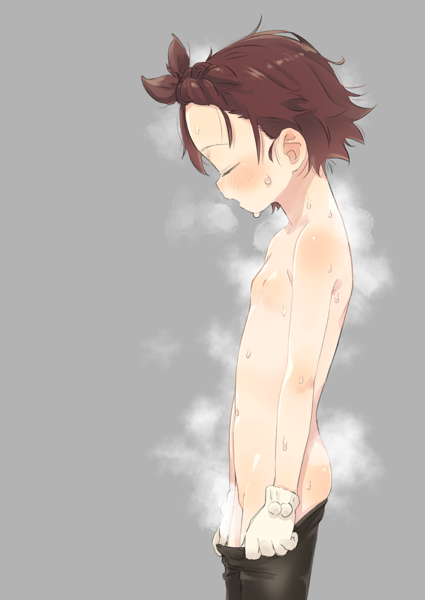 1girl blush braid braided_bangs brown_hair clothes_pull forehead from_side gloves grey_background highres hot loli medalist_(manga) navel nude open_mouth pants pants_pull profile pulling_own_clothes satsuyo short_hair simple_background solo steaming_body sweat webp-to-png_conversion white_gloves yoga_pants yuitsuka_inori