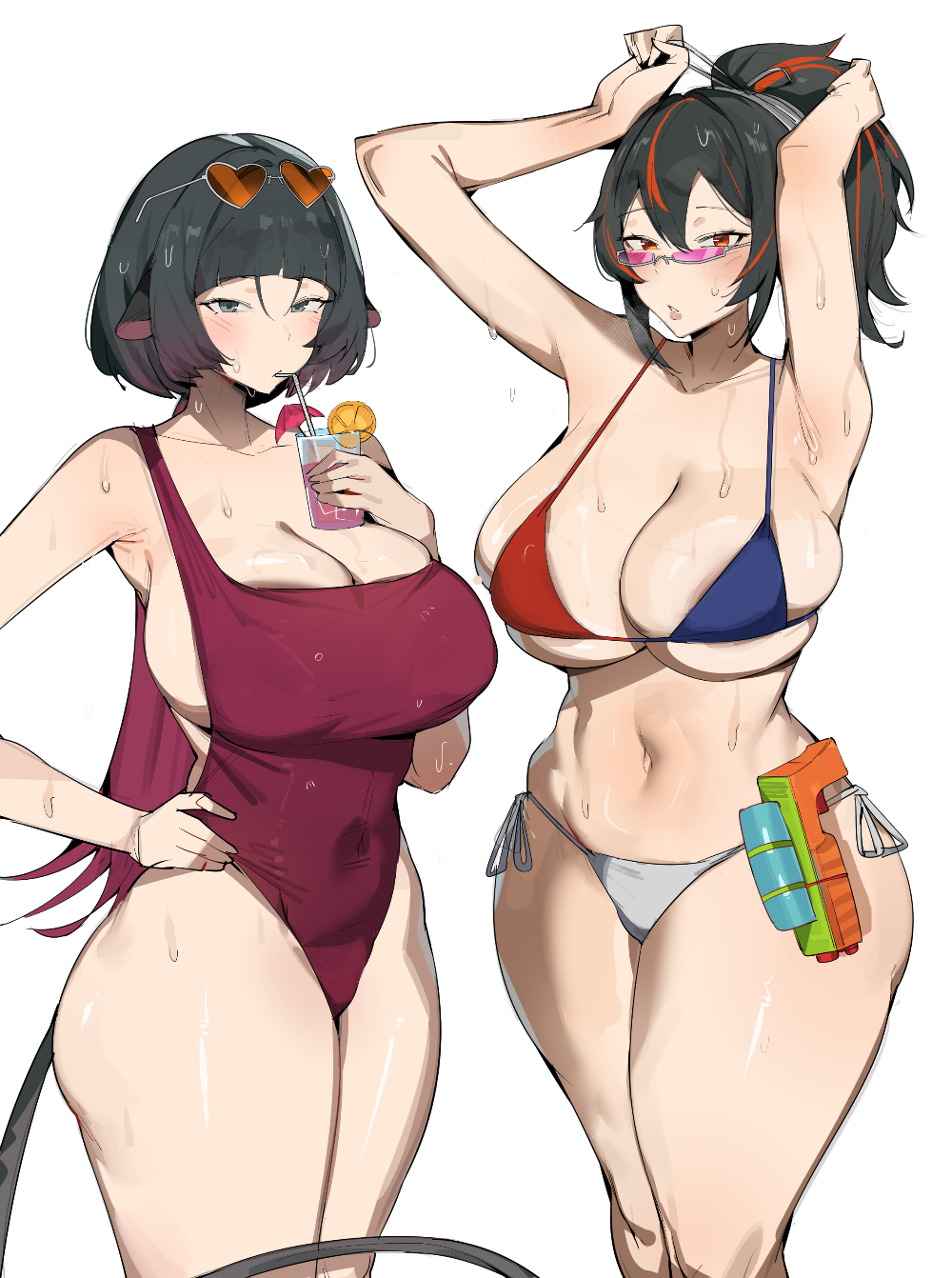 2girls alternate_costume animal_ears areola_slip bikini black_hair breasts cleavage commentary dr_octojuice drinking drinking_straw eyewear_on_head green_eyes heart heart-shaped_eyewear highres huge_breasts jane_doe_(zenless_zone_zero) long_hair looking_at_viewer midriff mismatched_bikini mouse_ears mouse_girl mouse_tail multicolored_bikini multicolored_hair multiple_girls navel one-piece_swimsuit orange_eyes orange_hair ponytail purple_hair purple_one-piece_swimsuit short_hair simple_background stomach streaked_hair sunglasses swimsuit symbol-only_commentary tail thick_thighs thighs tropical_drink two-tone_bikini two-tone_hair very_long_hair water_gun white_background zenless_zone_zero zhu_yuan