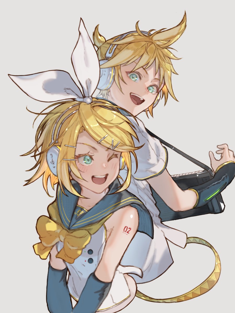1boy 1girl arm_tattoo blonde_hair blush bow brother_and_sister commentary_request cropped_torso green_eyes grey_background hair_bow hair_ornament hairclip headphones highres kagamine_len kagamine_rin number_tattoo one_eye_closed open_mouth sailor_collar sailor_shirt shirt short_hair siblings simple_background tattoo teeth upper_teeth_only ve_0ekaki vocaloid white_bow