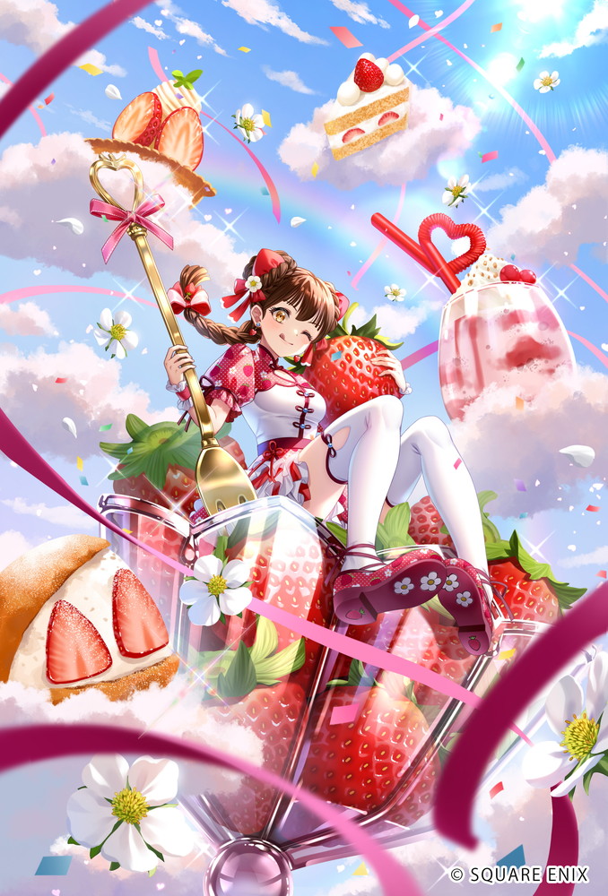 1girl :q blue_sky bow braid braided_ponytail breasts bun_cover bun_with_braided_base cake character_request closed_mouth cloud cloudy_sky commentary_request confetti copyright_notice crazy_straw day dessert double_bun drinking_straw earrings falling_flower falling_petals flower food fork frilled_sleeves frilled_wrist_cuffs frills fruit hair_bow hair_bun heart heart_earrings heart_straw holding holding_food holding_fork holding_fruit ice_cream jewelry kiba_tori mandarin_collar medium_breasts one_eye_closed outdoors oversized_object petals puffy_short_sleeves puffy_sleeves rainbow red_bow red_ribbon red_shoes ribbon romancing_saga_re;universe saga shirt shoe_soles shoes short_sleeves skirt sky smile solo sparkle strawberry strawberry_shortcake sundae thighhighs tongue tongue_out white_flower white_petals white_shirt white_skirt white_thighhighs wrist_cuffs yellow_eyes