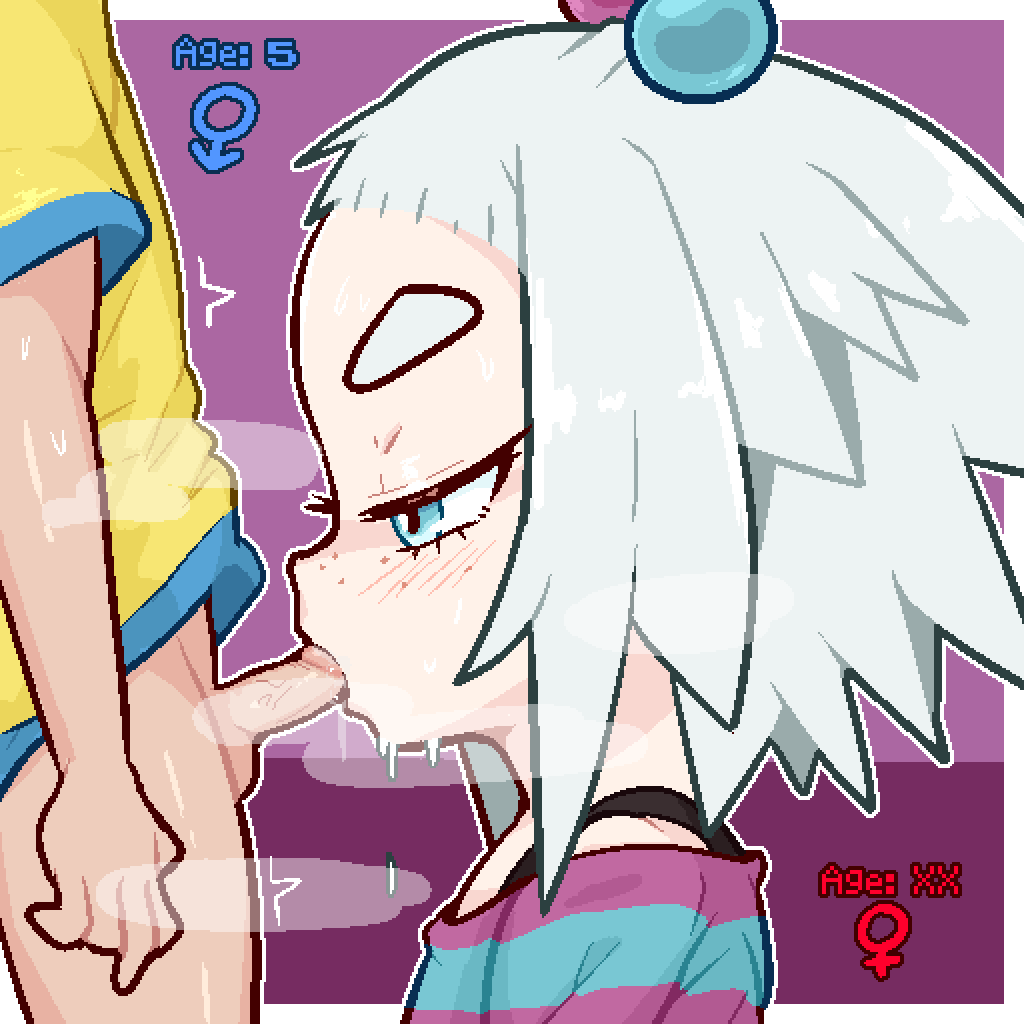 1boy 1girl aged_down blue_eyes blush calamity33 erection fellatio freckles from_side hair_bobbles hair_ornament half-closed_eyes licking licking_penis looking_at_penis looking_down mars_symbol nintendo oral penis pokemon pokemon_bw2 pokemon_oras profile roxie_(pokemon) sex shirt short_hair shota small_penis solo_focus standing steam sweat t-shirt testicles thick_eyebrows trembling uncensored veins veiny_penis wet white_hair youngster_(pokemon)