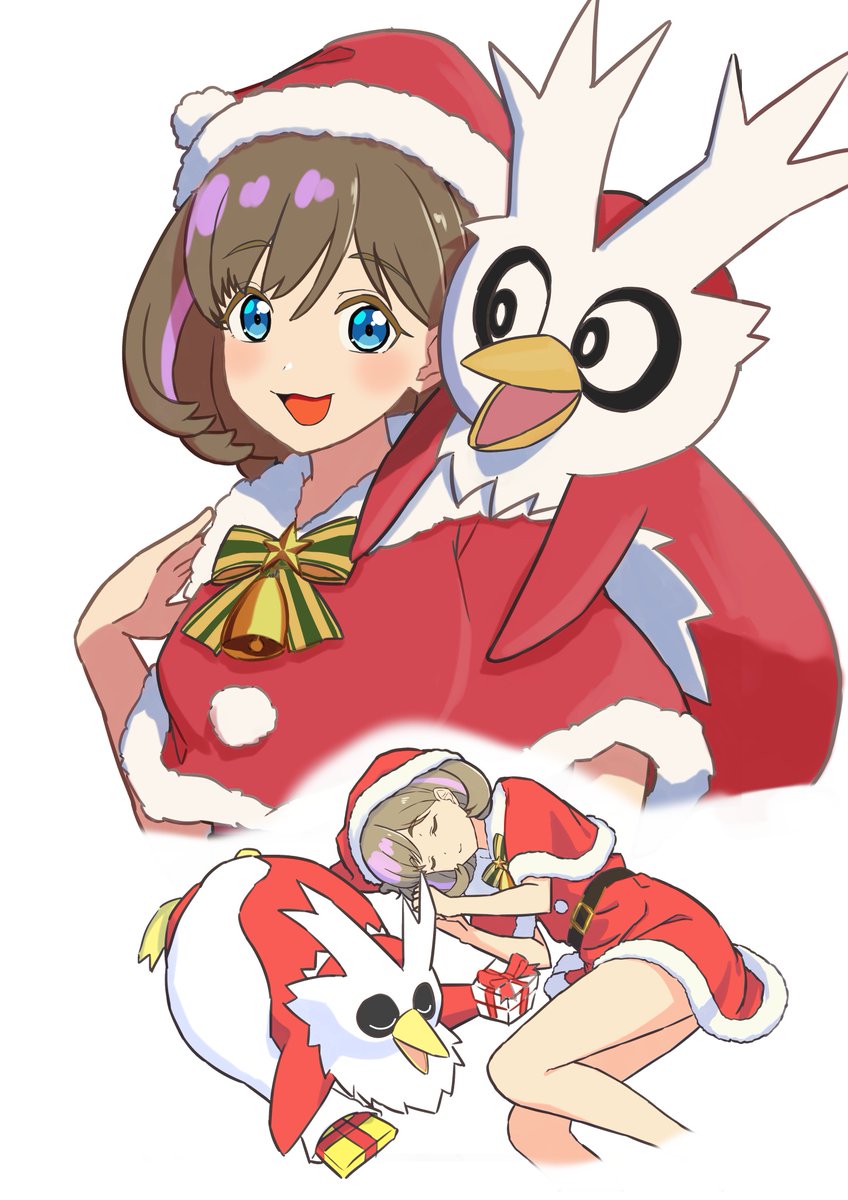 1girl bare_legs bell belt bird black_belt blue_eyes box brown_hair capelet christmas commentary delibird dress fur-trimmed_capelet fur_trim gen_2_pokemon gift gift_box hat highres looking_at_viewer love_live! love_live!_superstar!! nintendo open_mouth orange-pengin pokemon pokemon_(creature) pokemon_gsc pom_pom_(clothes) santa_costume santa_hat short_hair simple_background sleeping smile symbol-only_commentary tang_keke upper_body white_background