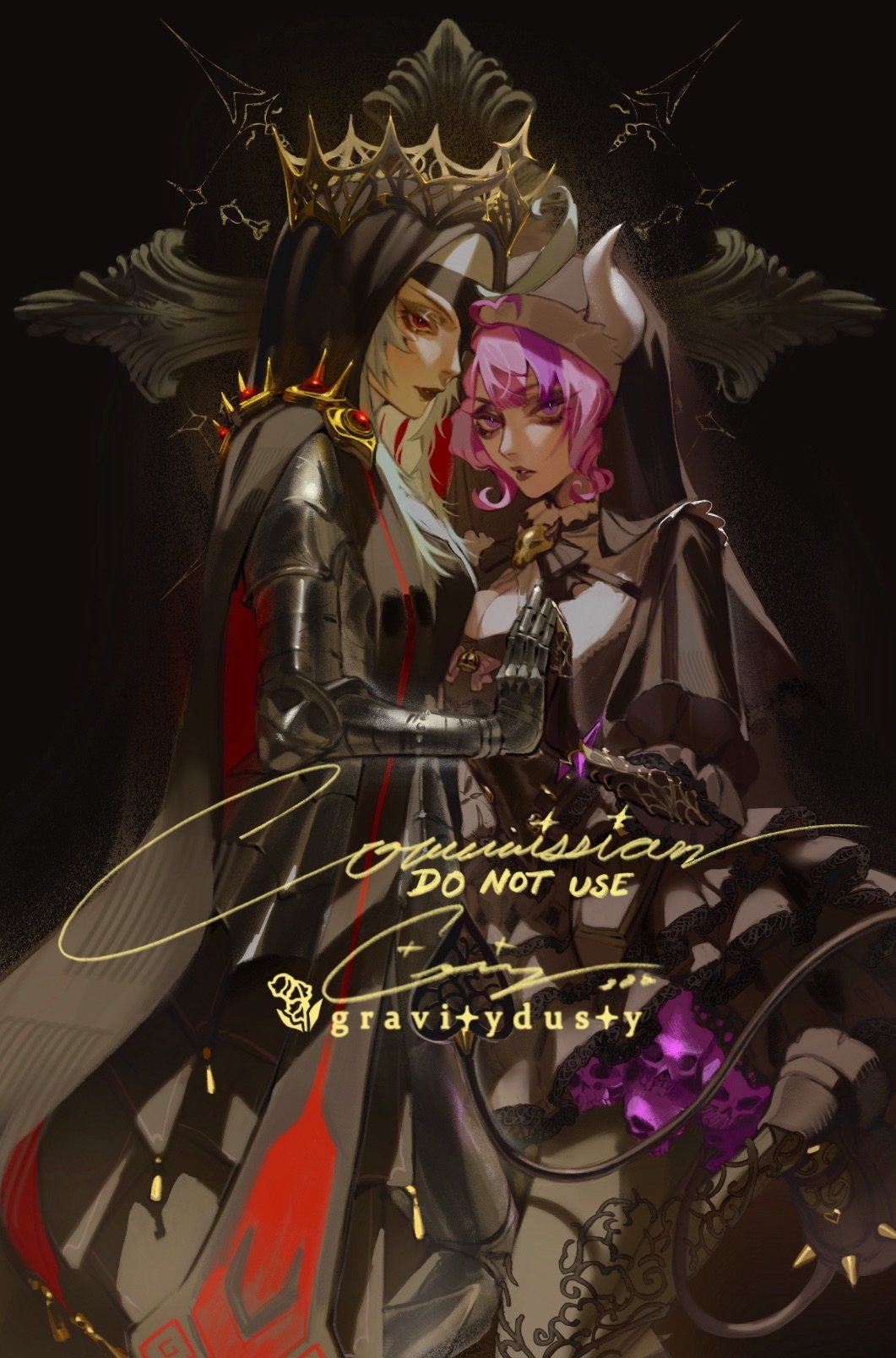 2girls ahoge armor black_gauntlets cape commentary crown demon_girl demon_horns demon_tail english_commentary eyepatch gauntlets general_geega gloves gravitydusty grey_hair heart heart_ahoge highres horns indie_virtual_youtuber ironmouse knight multiple_girls nun nun_headdress palms_together pink_hair pointy_ears purple_eyes purple_hair red_eyes skull spiked_boots tail veil virtual_youtuber white_horns