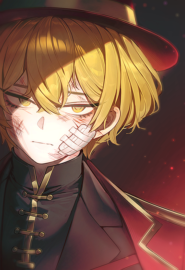 1boy alfnfmd blonde_hair closed_mouth double-parted_bangs embers gradient_background hair_between_eyes hashtag-only_commentary hat limbus_company looking_at_viewer male_focus project_moon red_background red_hat scar scratches sinclair_(project_moon) solo thumb_(identity)_(project_moon) upper_body yellow_eyes yellow_pupils