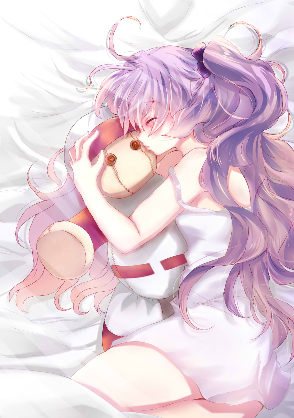 1girl baseball_cap baseball_uniform bed_sheet character_doll chemise closed_eyes commentary_request doll from_above hair_ornament hat highres hugging_doll hugging_object jikkyou_powerful_pro_yakyuu katagiri_ren long_hair lying megumi_(yumenotamago000) on_side power_pro_appli power_pro_kun profile purple_hair sportswear white_chemise