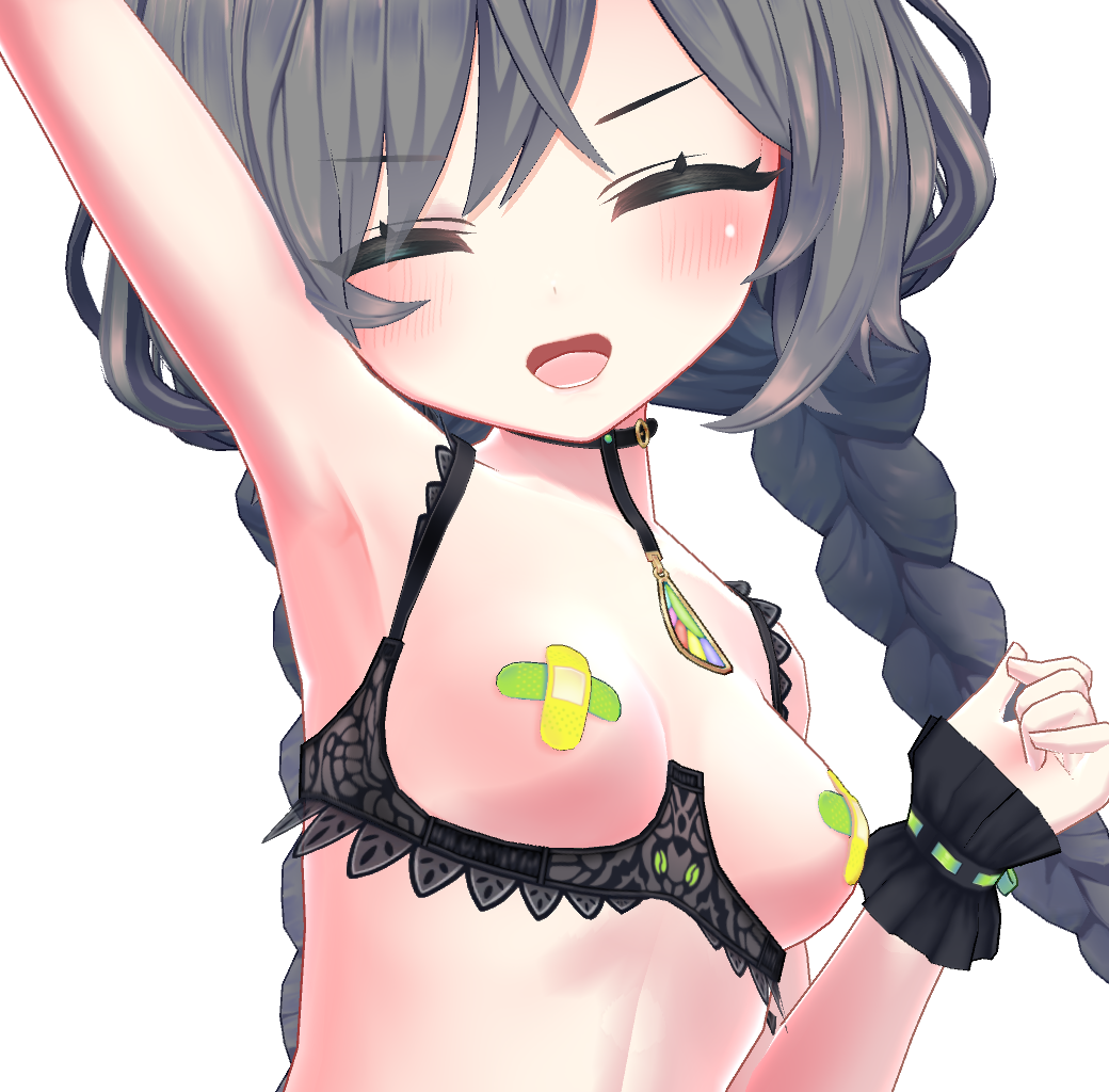 1girl :d ^_^ aldina_(vrchat) areola_slip arm_at_side arm_up armpits arms_up bandaid bandaids_on_nipples bare_arms bare_shoulders belt_collar black_bra black_choker black_collar blush bra bra_pull braid breastless_clothes breasts breasts_out choker clenched_hand close-up closed_eyes clothes_pull collar collarbone covered_erect_nipples crossed_bandaids cupless_bra dot_nose facing_viewer frills grey_hair hair_between_eyes hand_up happy head_tilt jewelry lace lace-trimmed_bra lace_bra lace_trim lingerie long_hair looking_at_viewer low_twin_braids low_twintails medium_breasts necklace nipples official_alternate_costume open_mouth original pasties pendant pendant_choker pinky_out simple_background small_breasts smile solo swept_bangs teeth tongue twin_braids twintails underwear underwear_only unity_(medium) upper_body v-shaped_eyebrows very_long_hair vrchat vrchat_(medium) white_background wrist_cuffs wristband yorshkasencho
