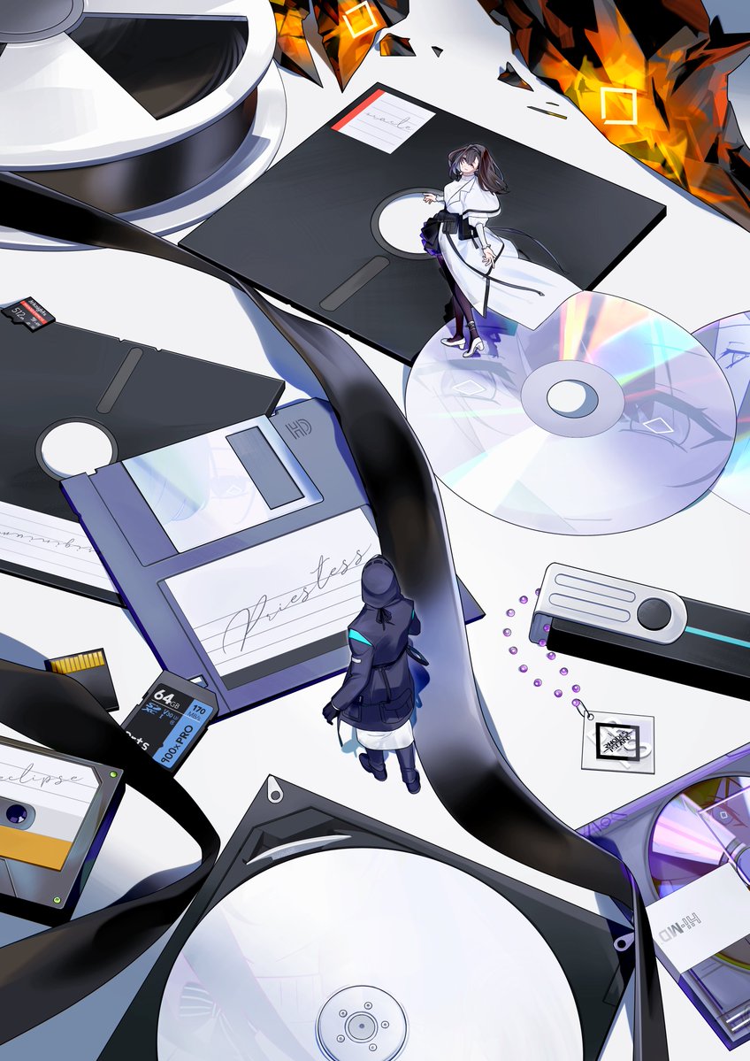 1boy 1girl arknights black_pantyhose black_skirt brown_hair cd commentary doctor_(arknights) english_commentary floppy_disk furiwo high_heels hood hooded_coat long_hair originium_(arknights) pantyhose pleated_skirt priestess_(arknights) prts_logo_(arknights) skirt smile