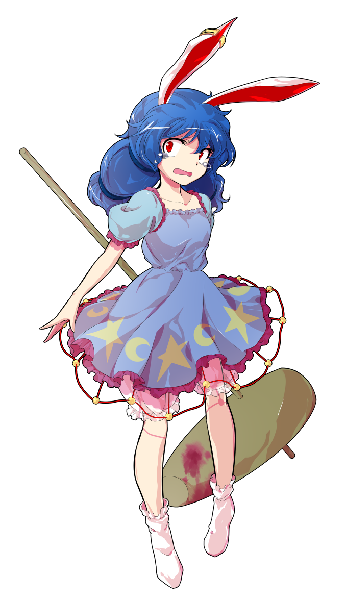1girl alphes_(style) animal_ears blood bloody_weapon bloomers blue_hair breasts collarbone commentary_request dairi dress earclip full_body holding kine large_variant_set long_hair mallet parody puffy_short_sleeves puffy_sleeves rabbit_ears seiran_(touhou) short_dress short_sleeves socks solo standing style_parody tachi-e touhou transparent_background underwear variant_set weapon