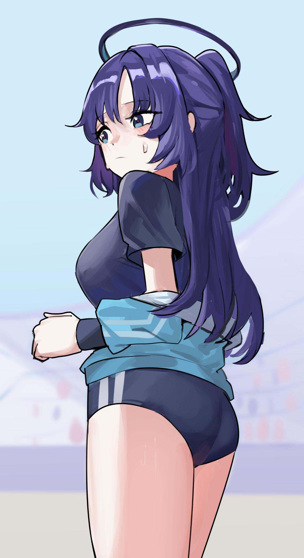 1girl ass black_halo black_shirt blue_archive blue_buruma blue_eyes blue_jacket blurry blurry_background breasts buruma commentary_request halo highres jacket long_hair medium_breasts official_alternate_costume purple_hair shirt short_sleeves solo solokitsune standing thighs track_jacket yuuka_(blue_archive) yuuka_(track)_(blue_archive)