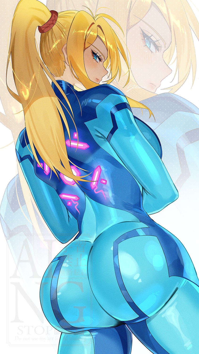 1girl ass ass_focus back blonde_hair blue_bodysuit blue_eyes bodysuit breasts curvy highres huge_ass large_breasts looking_back metroid nintendo ponytail samus_aran skin_tight solo standing tight_clothes yasaikakiage zero_suit