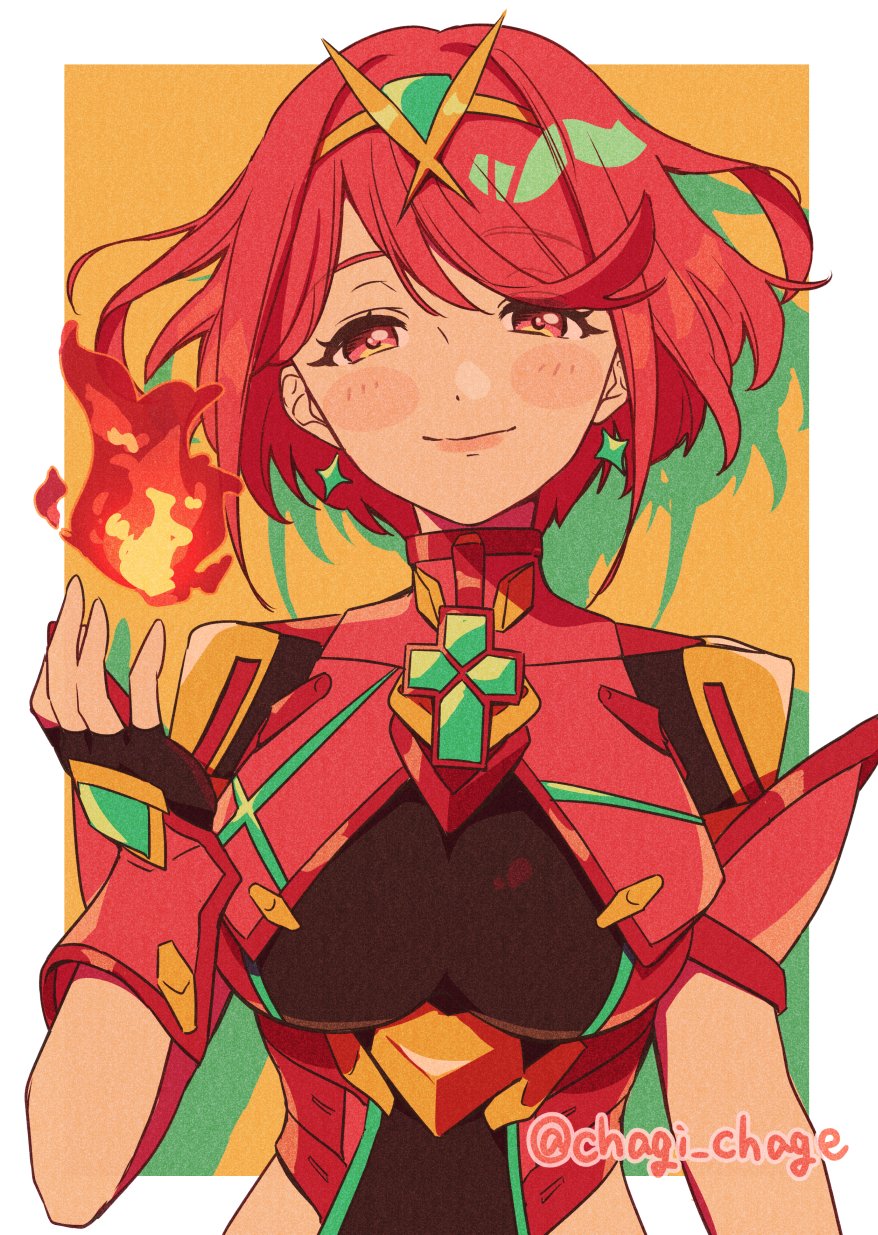 1girl black_gloves blush_stickers border chagi_chage closed_mouth commentary_request earrings fingerless_gloves fire gloves highres jewelry looking_at_viewer outside_border pyra_(xenoblade) pyrokinesis red_eyes red_hair short_hair smile solo twitter_username upper_body white_border xenoblade_chronicles_(series) xenoblade_chronicles_2