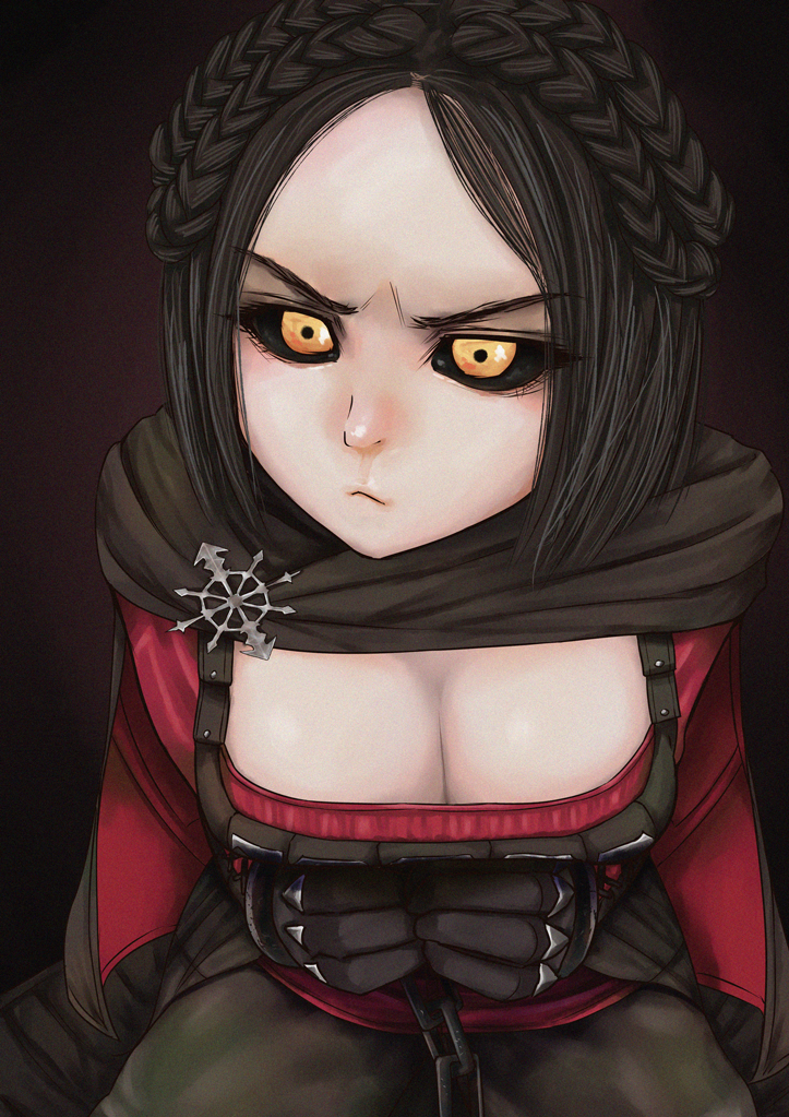 1girl black_cloak black_hair black_sclera braid breasts cleavage cloak colored_sclera commentary_request kogi large_breasts red_shirt serana shirt solo the_elder_scrolls the_elder_scrolls_v:_skyrim yellow_eyes