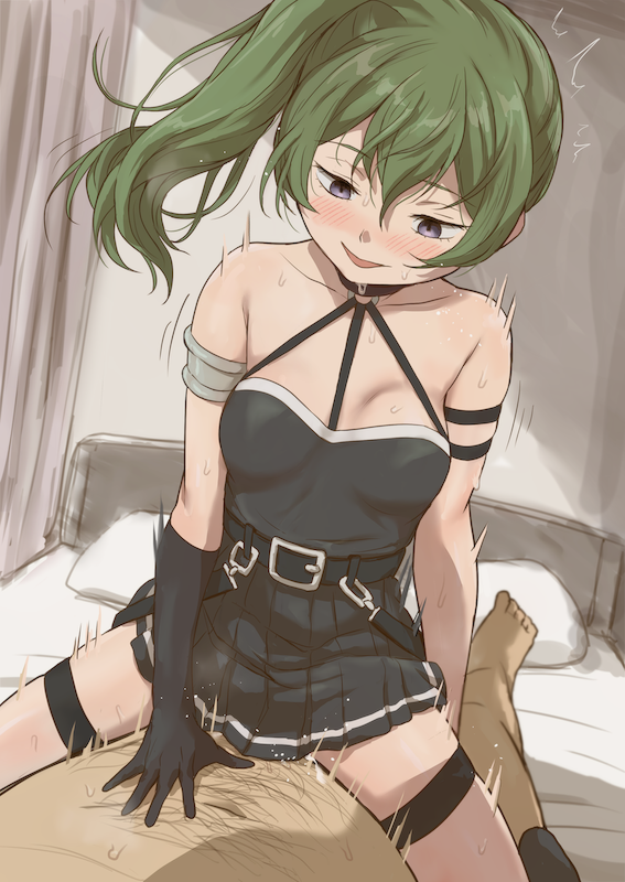 1boy 1girl bare_shoulders belt blush clothed_female_nude_male cowgirl_position gloves green_hair hetero implied_sex indoors kuhuku006f86 motion_lines nude on_bed sex sousou_no_frieren straddling sweat thigh_strap ubel_(sousou_no_frieren)