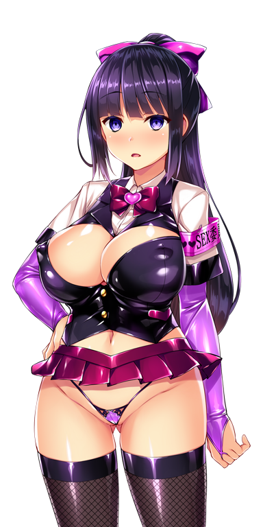 1girl adapted_uniform armband black_hair black_thighhighs blunt_bangs blush bow bowtie breasts bridal_gauntlets cleavage cleavage_cutout clothing_cutout corruption covered_erect_nipples cowboy_shot elbow_gloves fishnet_thighhighs fishnets g-string game_cg gloves gluteal_fold hair_bow hand_on_own_hip heart high_ponytail highleg highleg_panties kisaragi_nozomi large_breasts large_variant_set long_hair looking_at_viewer micro_panties microskirt navel non-web_source official_art open_mouth panties pleated_skirt ponytail purple_bow purple_eyes purple_hair satou_kuuki shinsou_seiki_elementia shiny_skin sidelocks skirt solo standing string_panties thighhighs thong transparent_background underwear variant_set