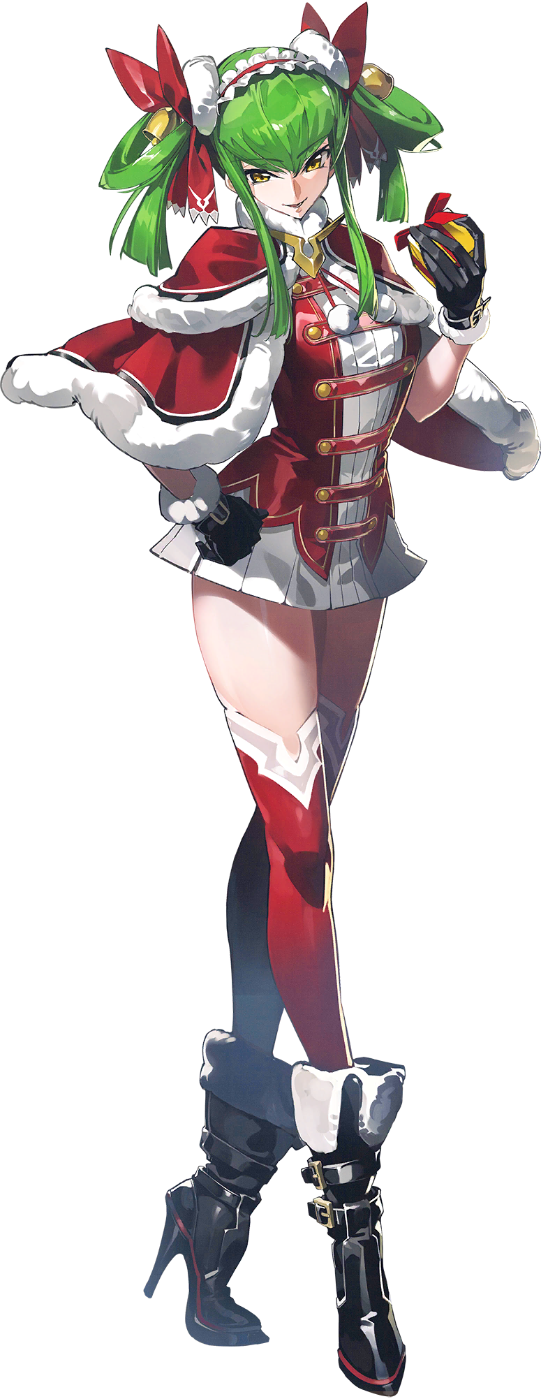 1girl black_boots black_gloves boots breasts c.c. cape christmas code_geass code_geass:_genesic_re;code dress full_body gloves green_hair highres long_hair looking_at_viewer official_art red_cape red_thighhighs santa_costume santa_dress smile solo thighhighs yellow_eyes