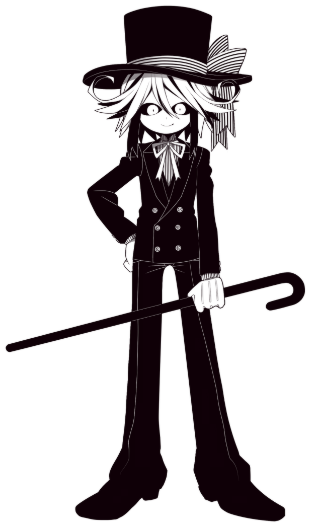 black_hair black_hat black_jacket black_pants black_sclera black_shoes boots buttons cane colored_sclera colored_skin double-breasted funamusea funamusea_(artist) gloves hat hat_ribbon holding holding_cane jacket long_sleeves looking_at_viewer multicolored_hair official_art pants ribbon shirt shoes short_hair smile solo top_hat white_background white_hair white_ribbon